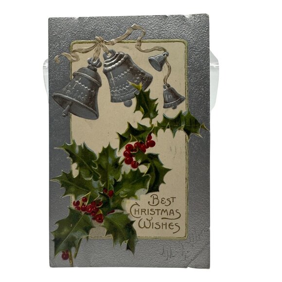 Antique Embossed Christmas Postcard With Bells & Holly Silver Accents Early 1900 - Picture 1 of 2